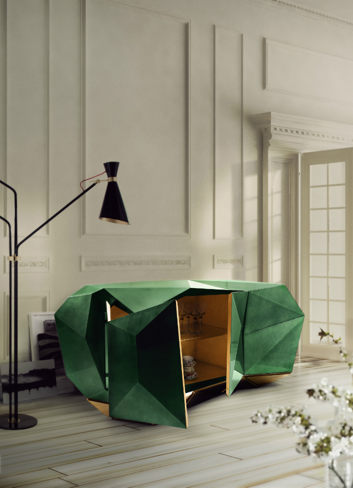 room with green  and gold sideboard
