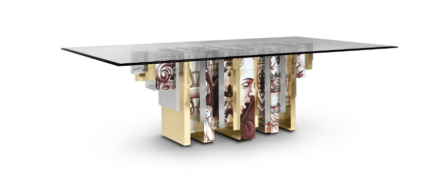 Pepe Calderin - Hand Painted tile Sepia Dining Table with gold details and glass top