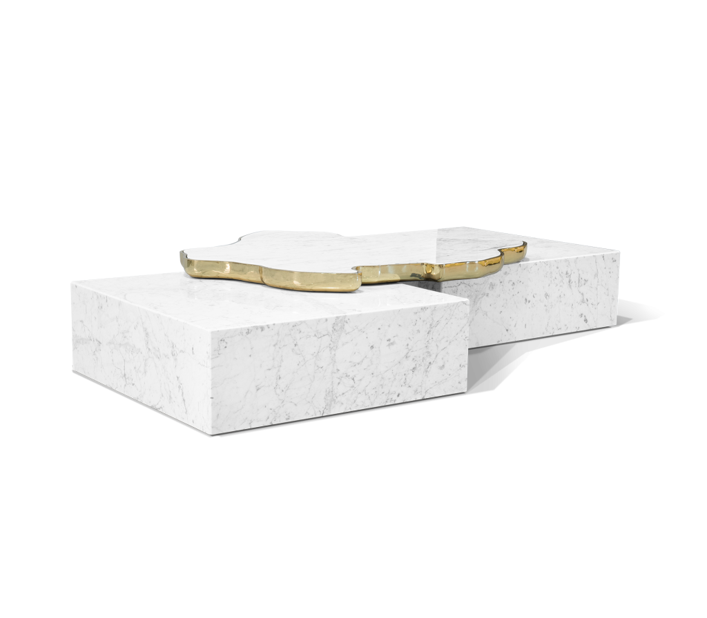 Luxury Living Room Sets - Marble center table with two blocks of marble and a top that connects the two blocks in gold and marble details.