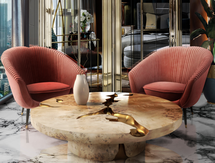 modern living with two coral armchairs and poplar center table