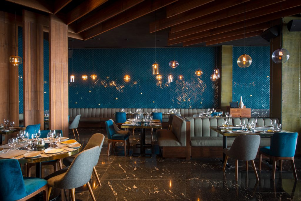restaurant dining area interior design projects in blue and grey