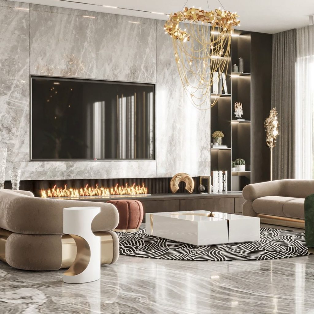 modern contemporary living room with beige sofas and white and gold coffee table