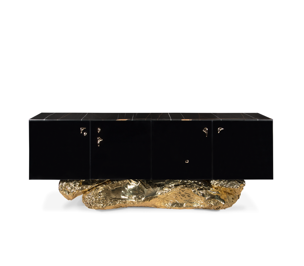 Luxury Living Room Sets - Sideboard with black and gold details. Base as an abstract shape.