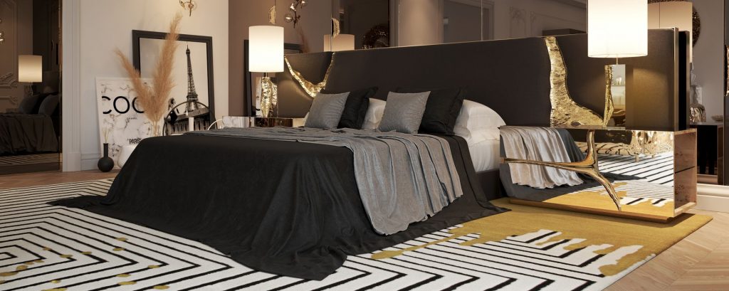 luxury bedroom with black headboard in the bed