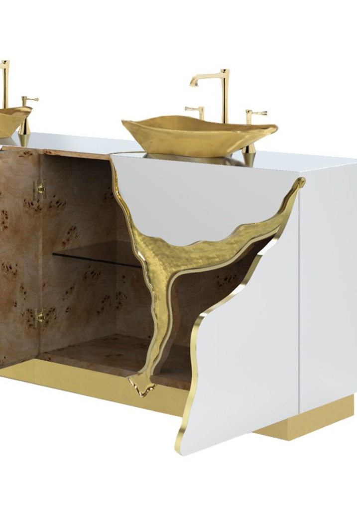 white and gold single vanity cabinet details