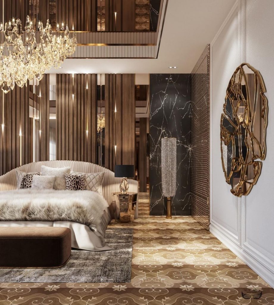 bedroom interior design wit a gold mirror in the wall