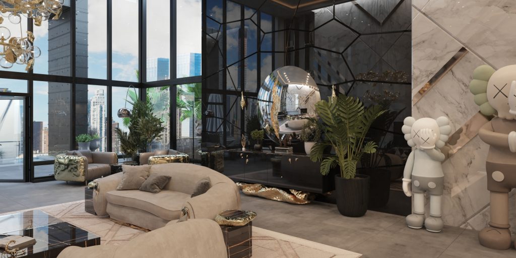 Luxury Living Room Sets - A Luxury penthouse with two sofas, two armchairs, a sideboard and a mirror. In the back a view to new york downtown. All with gold details.