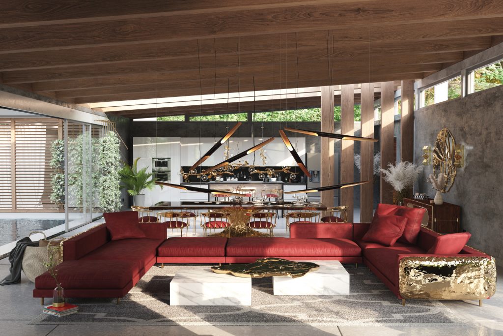 luxury houses - luxury living room with red and gold modular sofa, a marble center table, a golden and wooden dining table with gold chairs in a luxury open space