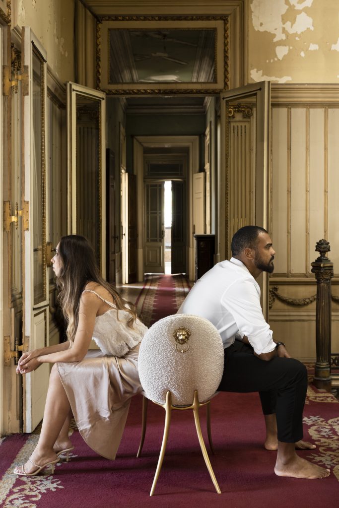Intimate Luxury: Soleil dining chair with gold mate finishes and Ascot Nata fabrics.