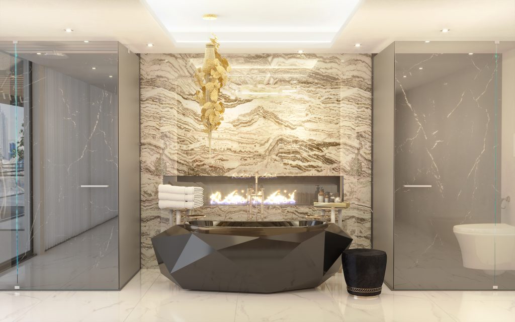 Pepe Calderin - Clean bathroom, black diamond bathtub, marble wall, light ceiling and a black stool