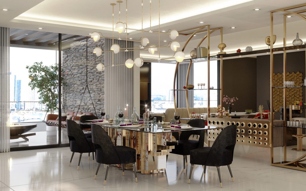 Pepe Calderin - Dining space with green dining chairs, a gold detail dining table and a gold  suspension lamp.