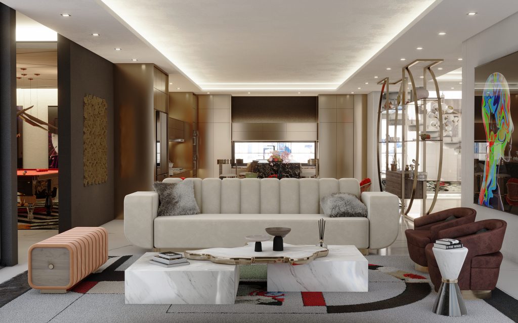 Pepe Calderin - Living space in white and dark tones. White sofa and two brown armchairs with a white marble center table