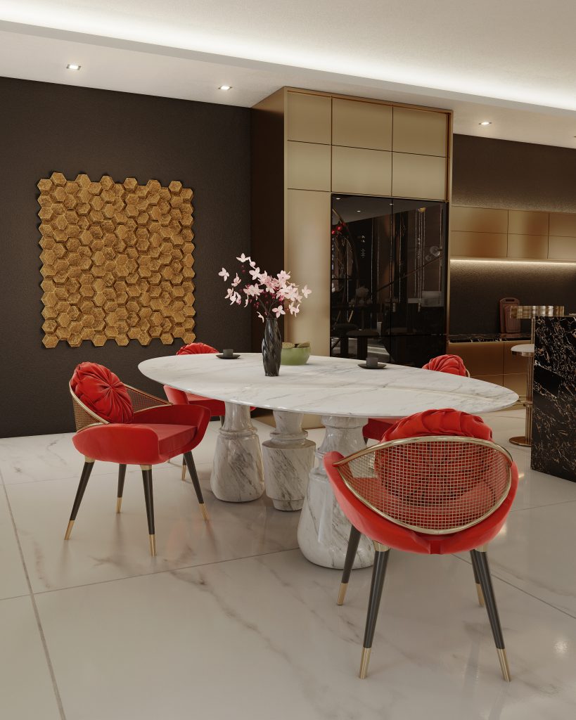 Pepe Calderin - White marble dining table with four chairs in red fabric. Marble floor and brown and white walls