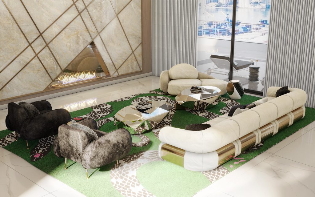 Pepe Calderin - Big living room, green and white sofas with green rug and a center table.
