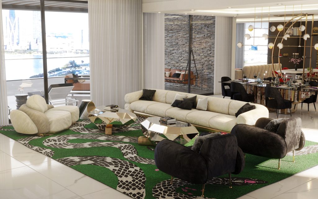 Pepe Calderin - Large green and grey rug with a snake. Grey and white sofa with gold details and a stainless steel center table.