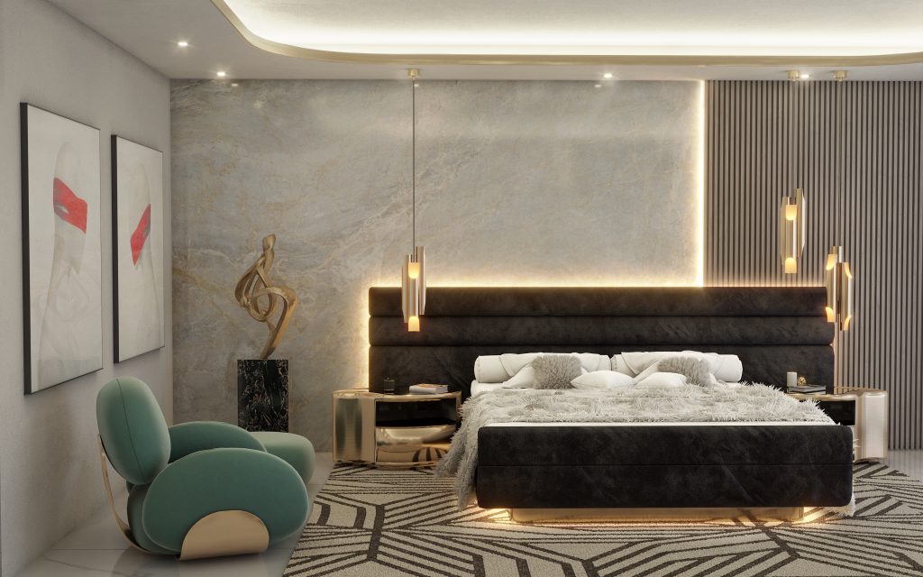 Pepe Calderin - Bedroom with dark and golden accents. Dark bed and a green armchair, white walls and a white and black rug.