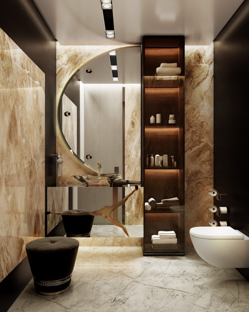 Bathroom Sets - modern look bathroom, beige marble walls and white ceiling. Brown shelves with towels and cosmetics, a suspension freestand with a gold vessel sink and half of a round mirror on top